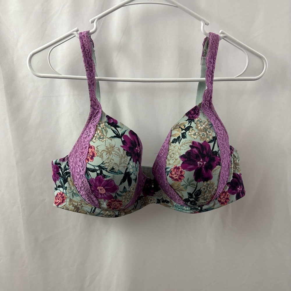 Soma 40C Bra Blue Embraceable Perfect Coverage Lace Trim Underwire Floral 79984